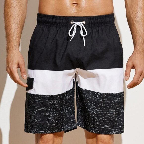 Black Vacation Style Men's Color Block Swim Trunks - Picture 5 of 5
